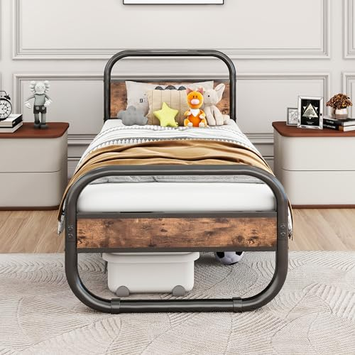 HOMERECOMMEND Bett 90x200,Bettrahmen aus Metall und Holz mit Lattenrost,Metallbett 90x200 Schwarz