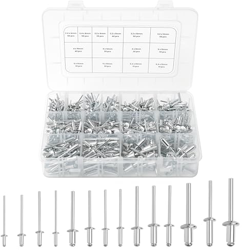Winter Shore Surtido Remaches Ciegos Plateados en 14 Tamaños (Pack de 500) - Remaches Metal Herramientas para Manuales, Inalámbricas y Neumáticas - Estuche de Plástico con Divisores y Tabla de Tamaños