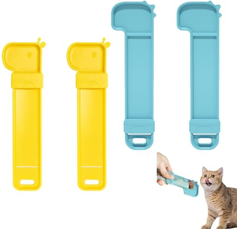 KASESSS 4 Pieces Cat Treat Spoon, Cute Cat Strip Squeeze Spoon,Lickable Cat Strip Feeder Spoon, Plastic Cat Food Spoon for Wet Food, Cat Strip Scoop Suitable for Dogs and Cats (Yellow,Blue)