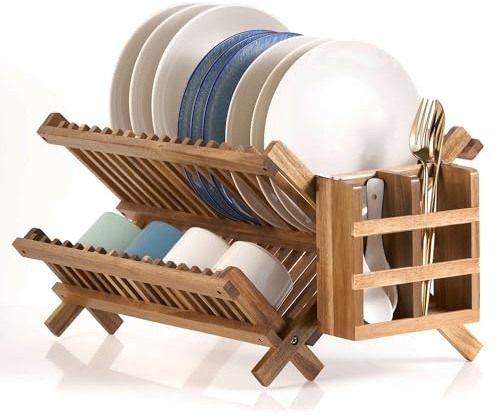 NOVAYEAH Acacia Wooden Dish Drying Rack for Kitchen Counter 2-Tier Collapsible Bmaboo Dish Drying Rack with Utensil Holder-Large Folding Dish Drainer Rack with Flatware Holder 34 pcs Grid