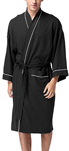 Peignoir de sauna pour homme - Léger et fin - En coton - Sans capuche - Peignoir de sauna moelleux - Vêtement de détente élégant - Grande taille - Peignoir de bain, Noir , L