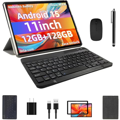 COLORROOM Android 15 surfplatta 11 tum, ansiktsupplåsning, 18 W snabbladdning, 12 GB+128 GB+1 TB expandering, Octa-core CPU, 8 000 mAh stort batteri, WiFi6, pekskärmsskärm, bred L1 surfplatta, svart
