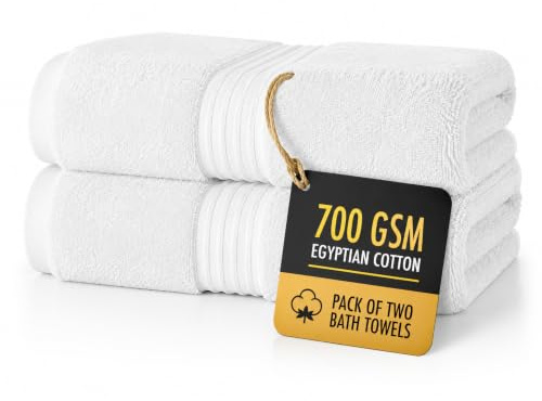 ALSAP White Bath Towels Set Of 2 (130x70cm) – 700 GSM Super Absorbent Egyptian Cotton Bath Sheets – Hotel Quality Quick Dry Bathroom Towels for Home, Spa, Gym, Beach & Swimming Pool