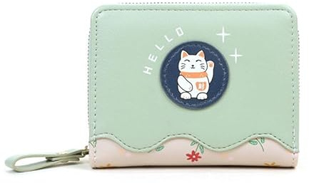 Bimhan Portemonnaie Damen Klein, Geldbörse Damen Klein Viele Fächer, Portmonee Kinder mit Großes Münzfach, Geldbeutel Kinder mit Cute Katzenmotiv (Grün)