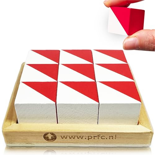 PrfcNL Rompecabezas de Cubo IQ de Madera, 9 Bloques cúbicos en Blanco y Rojo, 2.5 x 2.5 x 2.5 cm, con 60 diseños y aplicación