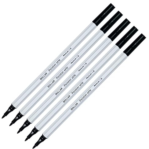 DOLLAR PS10 Felt Tip Pens, Medium Point (1.0 mm), BLACK, Pack of 5, Writing Pens, For Drawing Sketching Colouring Marking Writing, School Office Home Use