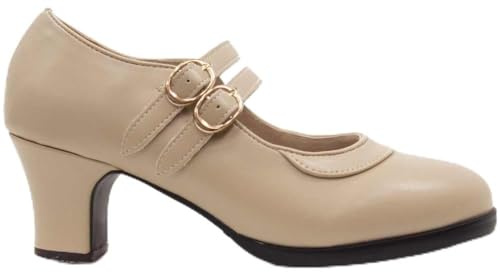 El Rocio desde 1980 Zapato De Flamenco con Doble Suela y 2 Correas (Beige, Sistema Tallas Calzado EU, Adulto, Mujer, Números, Mediano, 38)