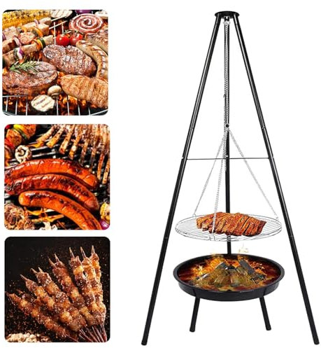 Barbecue suspendu avec grille de cuisson, Barbecue à trépied pivotant portable 160 cm en hauteur réglable pliable pour camping, pique-nique, jardin, fête sur la plage (Steel Black)