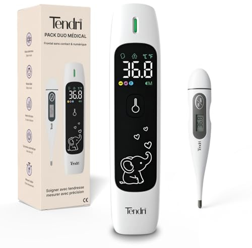 Tendri Pack Duo Thermomètre Frontal Bébé Sans Contact (Précision selon l'Âge) & Numérique Oral & Rectal – Marque Française – Idéal Naissance – Précis & Silencieux – Enfant & Adulte – CE Médical