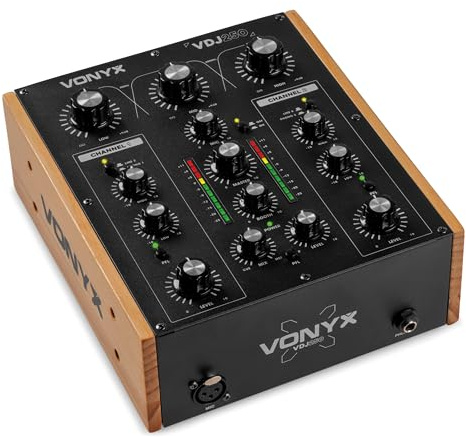 Vonyx VDJ250 DJ Mischpult 2 Kanal – Analog Rotary Mixer Audio mit 2-Band EQ & 3-Band Isolator – Retro DJ Mischer Schwarz Holzoptik – Kompakt Sound Mixer für Vinyl – XLR & Booth Output