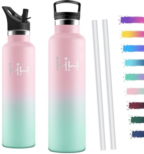 Motswedi Borraccia Termica 1 litro, con Cannuccia, Borracce Termiche, Doppia Parete, Bottiglia Termica, Acciaio Inox, Borraccia a Prova di Perdite, per Palestra, Campeggio, Outdoor, Rosa & Verde