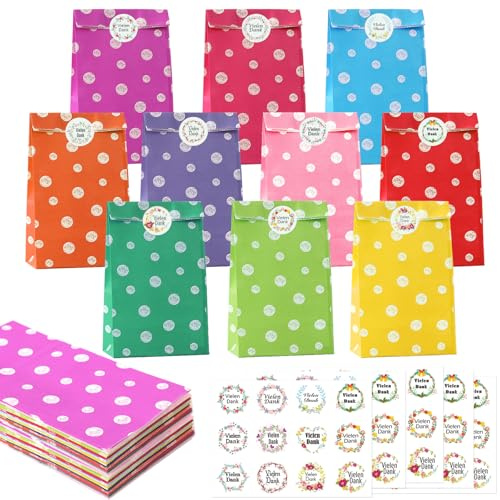 50 presentpåsar barns födelsedag med 60 klistermärken (på tyska), 22 x 12 x 7 cm papperspåsar färgglada, kraftpapper presentpåsar för barn födelsedag, fest, ge away, bröllop, godisväska liten