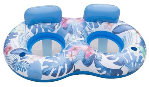 Double Pool Floats and 2 Person Lilo Inflatables, Twin PVC Tropical Sun Lounger with Headrests and Cooling Mesh Centre, Water Tanning Bed for Garden Swimming Holiday Relaxation