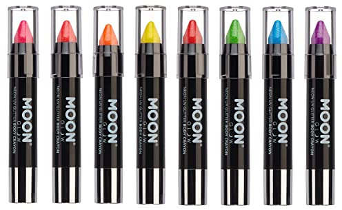 Moon Glow Barra de pintura facial/crayón corporal con purpurina UV de neón, maquillaje para rostro y cuerpo - Brilla intensamente bajo iluminación UV8 Unidades (Paquete de 1)