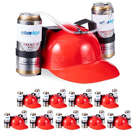 Relaxdays 10 x Party Trinkhelm, Helm mit Schlauch, für 2 Dosen Bier, Spaßartikel Fasching u. Fußball, lustiger Bierhelm, rot