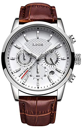 LIGE Uhr Herren Chronograph Sport Wasserdichter Analoger Quarz Edelstahl Lederuhr Klassische Business Casual Schwarzem Zifferblatt Armbanduhr LG9866-abc
