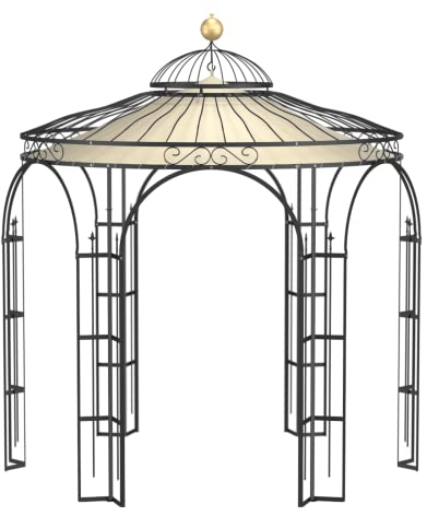 ELEO Pavillon Milano schwarz mit Sonnensegel und Dekorkugel - rund 3x3 m Rankpavillon für den Garten handgeschmiedet Schmiedeeisen - Rosenpavillon Metall stabil pulverbeschichtet - Sonnenschutz Dach