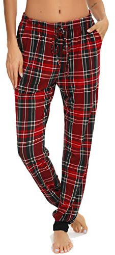 Vlazom Pantaloni Pigiama Donna in Flanella a Quadri Con Coulisse - Trousers Plaid Per Casa, Vino Rosso, XXL