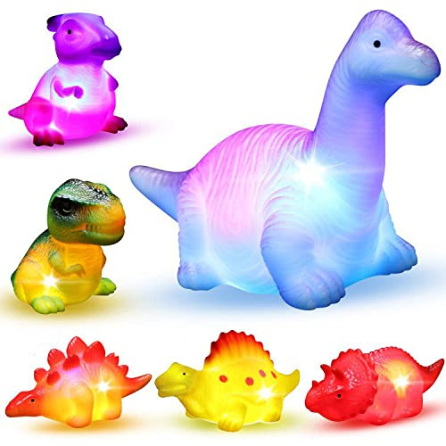 Giochi da Bagno, 6 Dinosauri Galleggianti con Luci, Giocattoli per Bagnetto da Vasca, Doccia e Piscina, Adatti a Neonati e Bambini per Natale, Compleanno e Pasqua