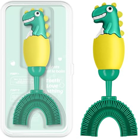 Brosse à dents en U pour 2-7 ans. Silicone souple alimentaire, conception 360° pour un nettoyage intégral et doux pour les gencives. Idéale apprentissage et voyage (Jaune)