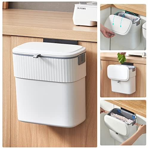 ELPHECO Hanging Small Waste Bin with Lid for Kitchen Cabinet Door, 2.5 Gallon Kitchen Compost Bin for Under Sink, Plastic Wall-Mounted Waste Bin
