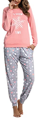 Bresdk Pigiama Donna Stampato Donna Cotone Lungo Invernale Caldo Leggeri | Eleganti Manica Lunga Scollo Rotondo Due Pezzi Pajamas