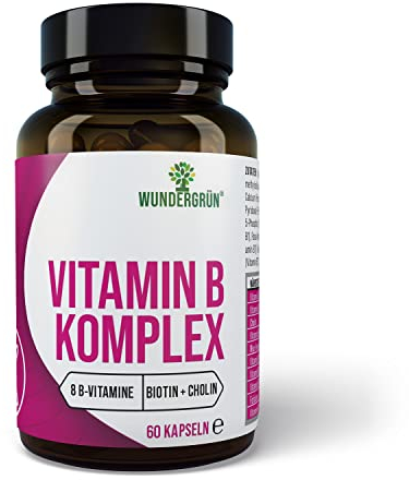 WUNDERGRÜN® Vitamin B Komplex|Alle acht B-Vitamine (B1,B2,B3,B5,B6,B7,B9,B12)|Hochdosiert|100% Vegan|60 Kapseln