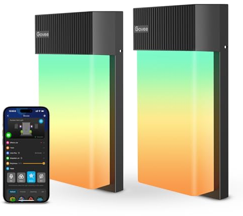 Govee Aplique Pared Exterior RGBIC, 1500LM Smart Aplique Pared con 45 Modos de Escena, IP65 Impermeable, Efectos de Iluminación DIY, Funciona con Alexa, Google Assistant y Matter, 2 Piezas