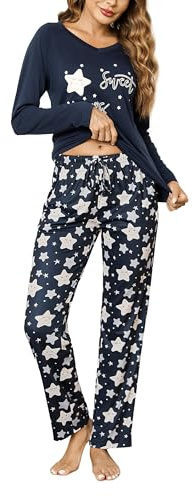 Litherday Ensembles de Pyjama Femme Coton Vêtement de Nuit Automne Hiver à Manches Longues Vêtement d'Intérieur 2 Pièces avec Poches