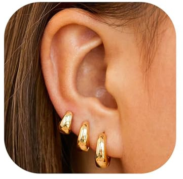 Kabwea 6 Pcs 14K Small Chunky Hoop Earrings Set for Women, 14K Gold Plated, Lightweight Gold Hoop Earrings, Helix Piercings, Piercing Gold, Piercing Ring Gold, for Women (1 Pair)
