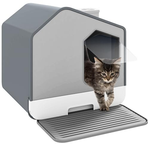 YITAHOME Cat Litter Box Large Enclosed Pullout Cat Litter Tray - High Sides Gray House Litter Pan with Scoop & Mat Slide Out Tray XXL Covered Easy Clean Litter Tray (Gary）
