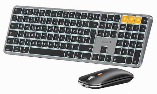ProtoArc KM100-A Beleuchtet Tastatur Maus Set Kabellos für Mac, Bluetooth QWERTZ Funk Tastatur mit Maus, Wireless Flach Keyboard Multi-Gerät für MacBook Pro, MacBook Air, iPhone, iPad, Grau