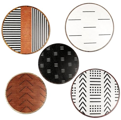 DETENE 5 Stück Holz Boho Wand Deko Holz Modern Wanddeko Wohnzimmer Minimalistische Wandkunst für Kunst Wohnzimmer Bauernhaus Kindergarten (Braun gestreift)