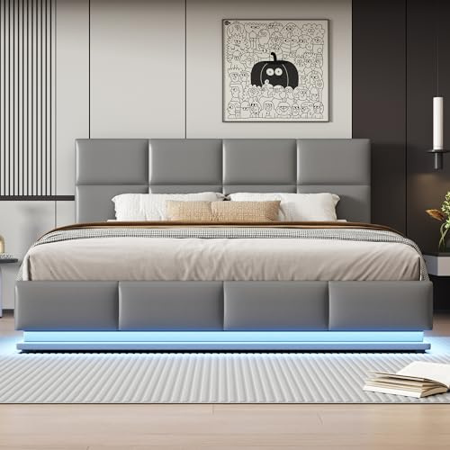 Cama tapizada de 180 x 200 cm, cama multifunción con iluminación LED y almacenamiento hidráulico, tejido de poliuretano, color gris claro (colchón no incluido)