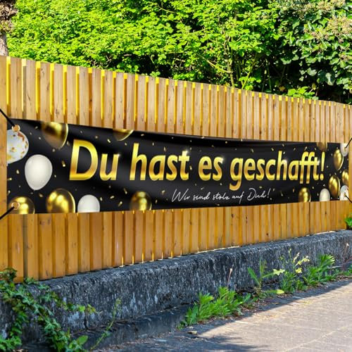 BETESSIN Graduation Deko Schwarz Gold - Du hast es geschafft Banner 250x40cm - Bestandene Prüfung Geschenk - Abschluss Deko für Abitur, Bachelor und Master Abschlussfeiern