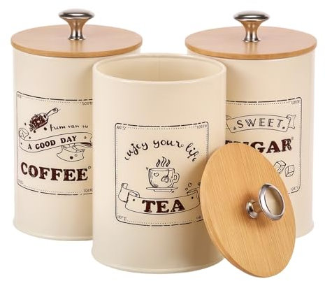 GWCYMYD Tea Coffee Sugar Canisters Set, 3 Pcs Storage Cansiter Jars with Airtight Wooden Lids, 710ml Vintage Kitchen Storage Containers