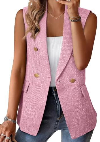 Happy Sailed Womens Vest Tops Trendy Blazers for Women Business Casual Double Breasted Open Front Suit Vests Tweed Blazer Lightweight Jacets Professional Outfits Fall 2025 Pink Large