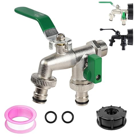 Robinet de jardin à double sortie, robinets d'extérieur 1/2 double et répartiteur 2 voies – Robinets extérieurs en alliage de zinc antigel antirouille avec 2 rondelles, 1 ruban en téflon, couvercle de