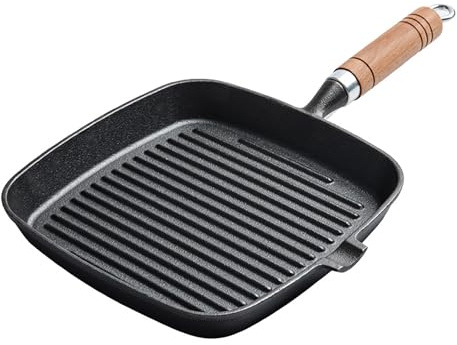 Steak Grillpanna med trähandtag 8,7 tum förtjockad botten Jämn uppvärmning Nonstick Grillpanna med hällpip för matlagning inomhus