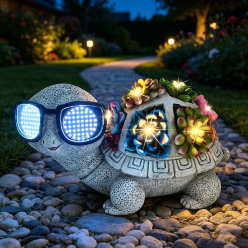 DAZZTIME Figuras Solares de Jardín de Tortuga para Exterior,Estatuas Solares Jardín,Decoración Solar,con Suculentas y Luces Led,Figuras Jardin Exterior,para Balcón,Terraza,Porche,Césped