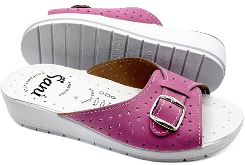 Ciabatte Donna Estive Comode Pantofole in Vera Pelle con Fibbia Regolabile a Punta Aperta Sandali Sanitari con Fascia (Glicine, Sistema Taglie Calzature EU, Adulto, Donna, Numero, Media, 37)