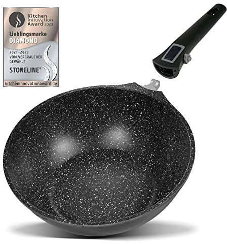 Stoneline Imagination Plus Wok 30 cm, mit Glasdeckel und abnehmbarem 3-Stufen-Sicherheitsgriff, Wokpfanne Induktion aus Aluguss, beschichtet mit echten Steinpartikeln