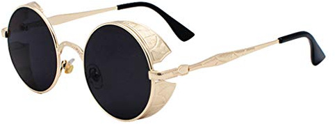 JiXuan Classic Steampunk Gafas de sol Redondas Hombres Mujeres Anti-UV Montura de Metal Retro Gafas de sol Espejo UV400