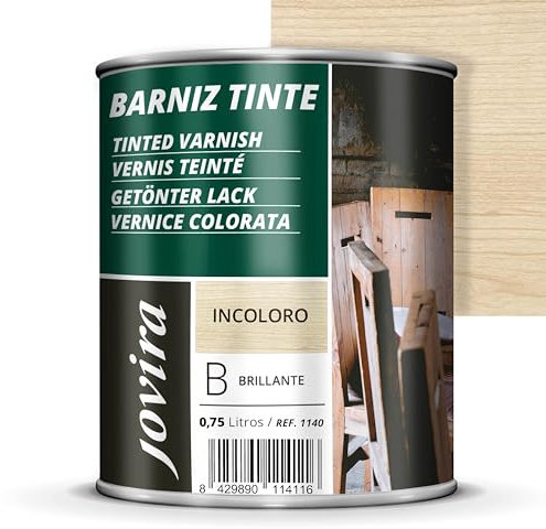 JOVIRA PINTURAS Barniz Brillante Tinte (6 colores). Barniz para madera. Protege, decora y embellece. (750 Mililitros, Incoloro) D-4