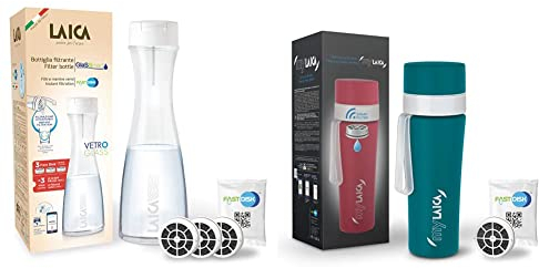 Laica BK31A Bottiglia Filtrante in Vetro Glassmart, 3 Filtri Fast Disk Inclusi, 360 Litri di Acqua Filtrata IstantaneamenteMade in Italy & MyLaica Borraccia Filtrante in Acciaio Verde,0.55 LT,1 Filtro