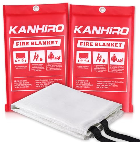 kanhiro brandfilt nödsituation för hemmakök - glasfiber brandskydd filt perfekt för skola, öppen spis, grill, bil, kontor, lager (2-pack, 99 cm x 99 cm)