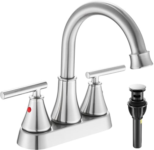Bathroom Sink Faucet 4 Inch 2 Handle Centerset Brushed Gold Lead-Free Modern Bathroom Faucet Vanity Faucet with Pop-up Drain Stopper and Supply Hoses
