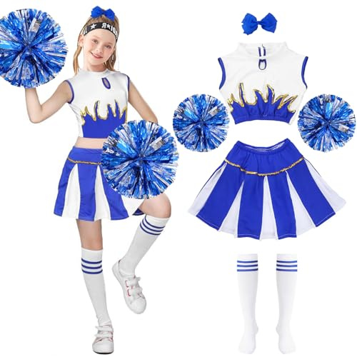 Meanju Deguisement Pompom Girl Enfant,Costume Cheerleader Fille Enfant,avec Pompoms+Chaussettes+Couvre-chefs,Costume Cosplay Carnaval (Bleu-160)