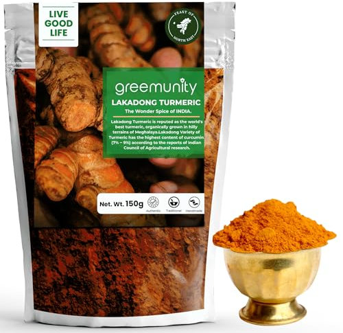 GREEMUNITY | Lakadong Curcuma Polvere 150 g Pack - Lakadong Haldi Powder - Alto Valore Circumin 9% ~ 11% Curcuma [Meghalaya] - 150gms