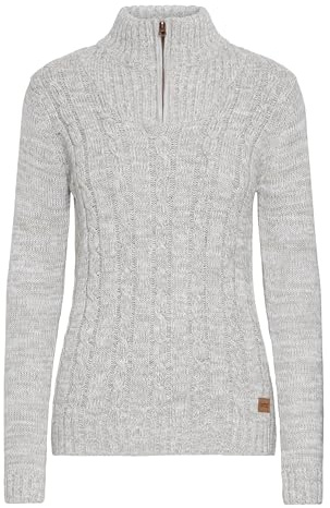 OXMO OXPhepe Women's Troyer Knitted Jumper with Troyer Collar Label Badge Ribbed Cuffs 100% Cotton Regular Fit, Lig Grey M (798242), XS
